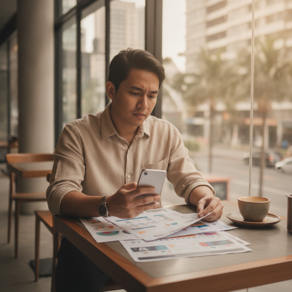 Filipino player comparing casino bonus offers on mobile phone at cafe table